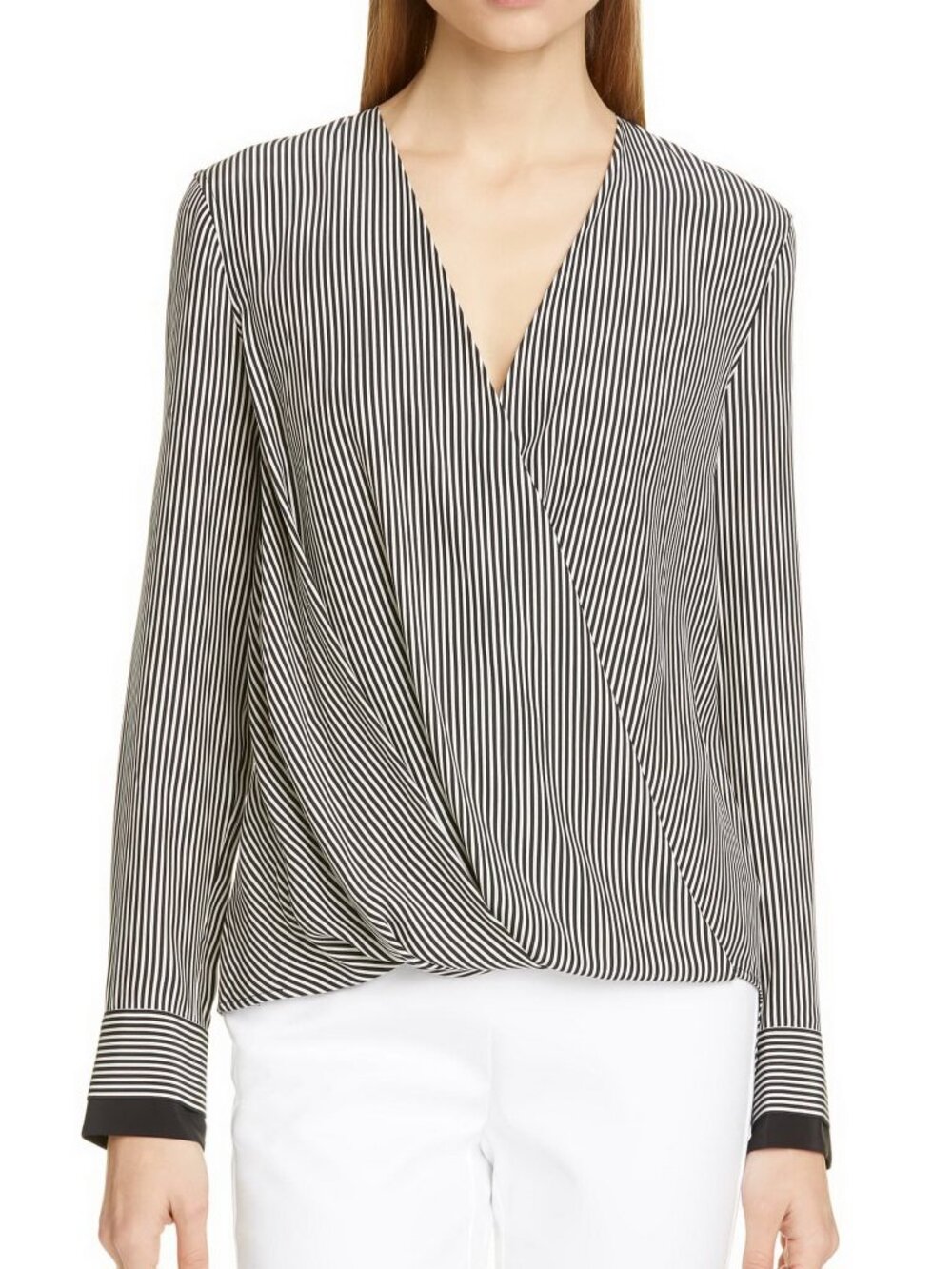 Rag & Bone Black White Stripe V-neck Silk Blouse Medium High/Low Hem